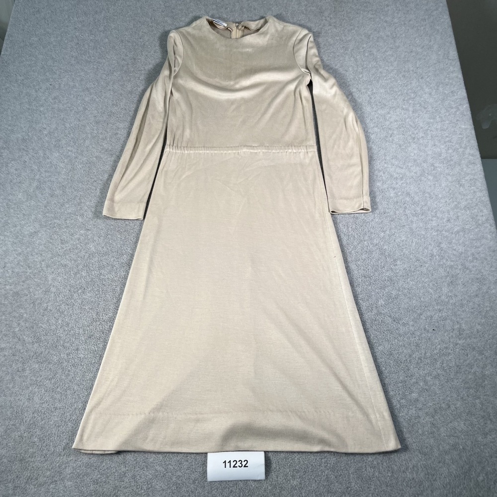 Vintage Tanner Beige Ribbed Pintuck Long Sleeve Midi Dress Womens Size 10
